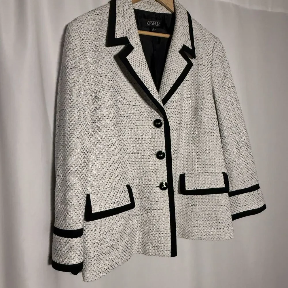 Kasper Tweed Contrast Black White 3 Button Women's Blazer Jacket Plus Size 18 - Picture 9 of 16